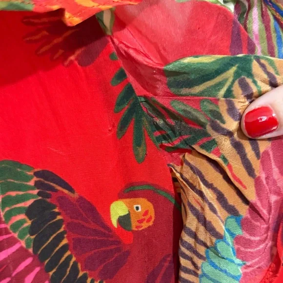 Farm Rio Belted Ruffle Crepe Red Parrot Jungle Print Midi Dress SIZE XL - Picture 7 of 9